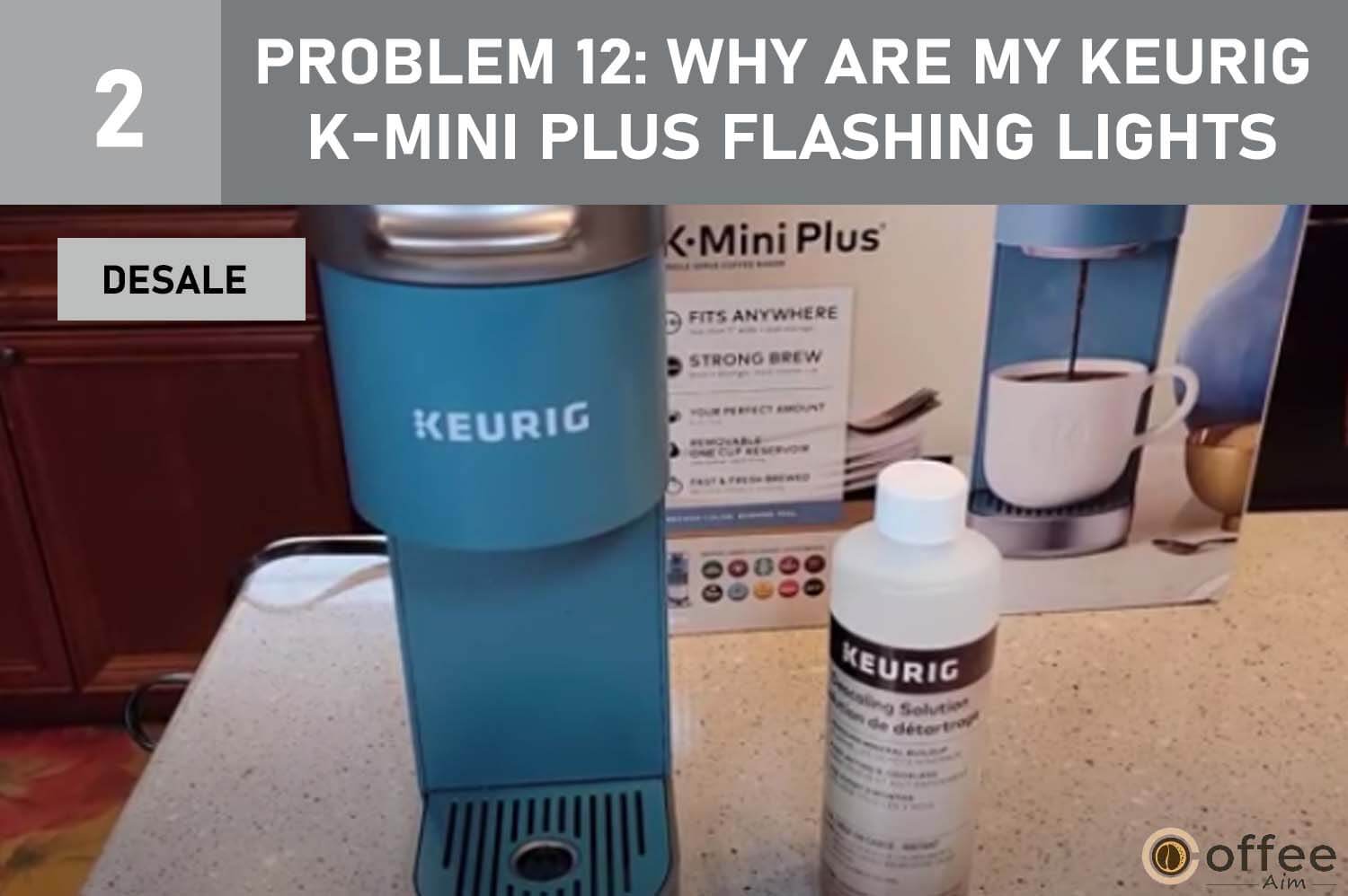 This image illustrates the "Descale" process for addressing the issue of problem 12: flashing lights in your Keurig K-Mini Plus, as discussed in our article on "Keurig K-Mini Plus Problems."




