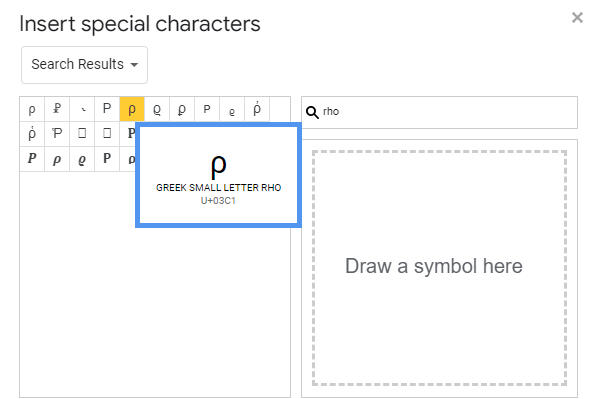 searching for Rho Symbol Text in special characters in google docs