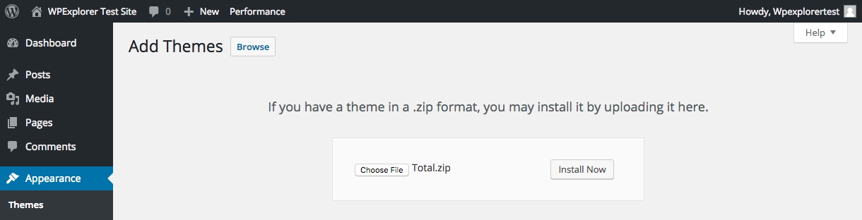 Faça o upload do arquivo zip do seu tema WordPress