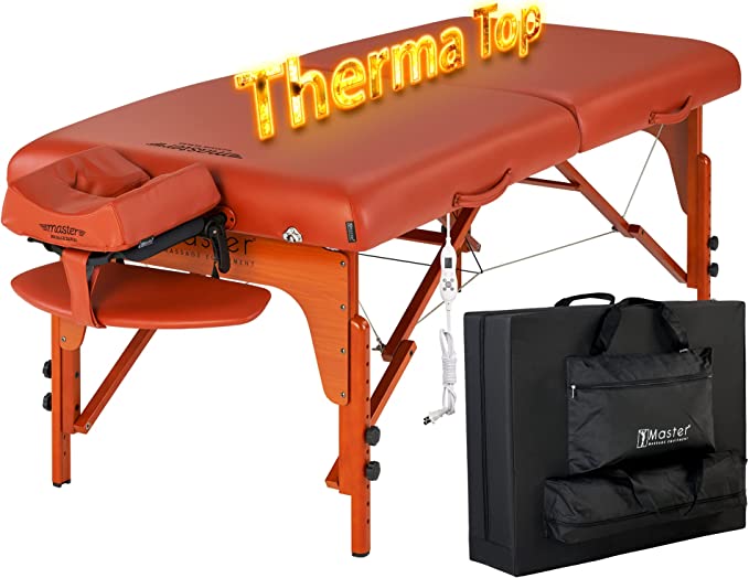 Red massage table with Reiki panels