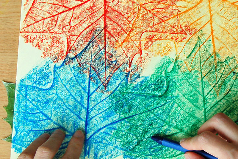 color leaf printing with one hand holding a blue crayon 