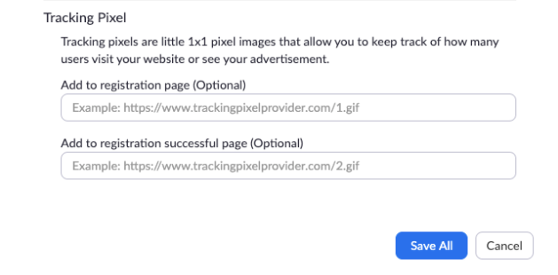 Screenshot of the "Tracking Pixel" edit area of the Zoom Webinar's Invitations tab