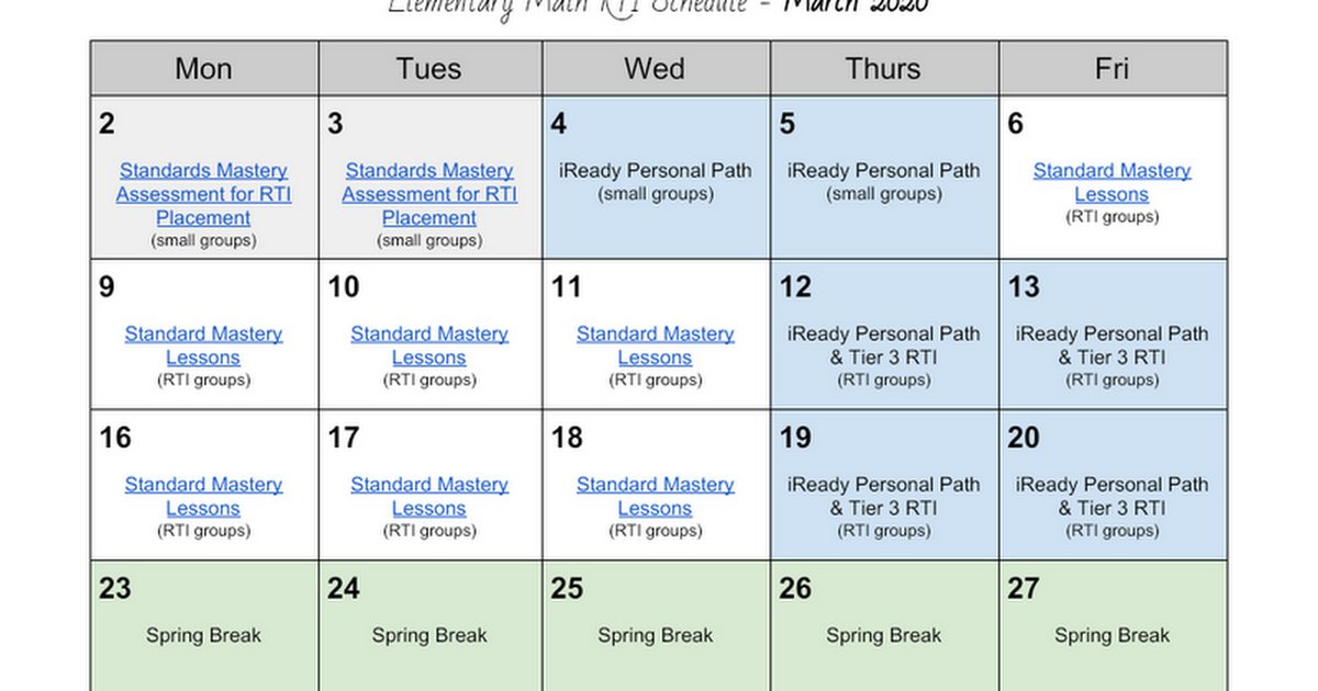 March-April 2020 - Elementary Math RTI Schedule