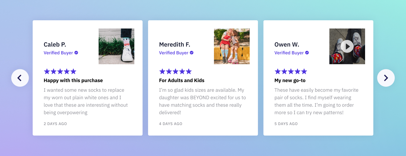 A review carousel showing reviews about products 