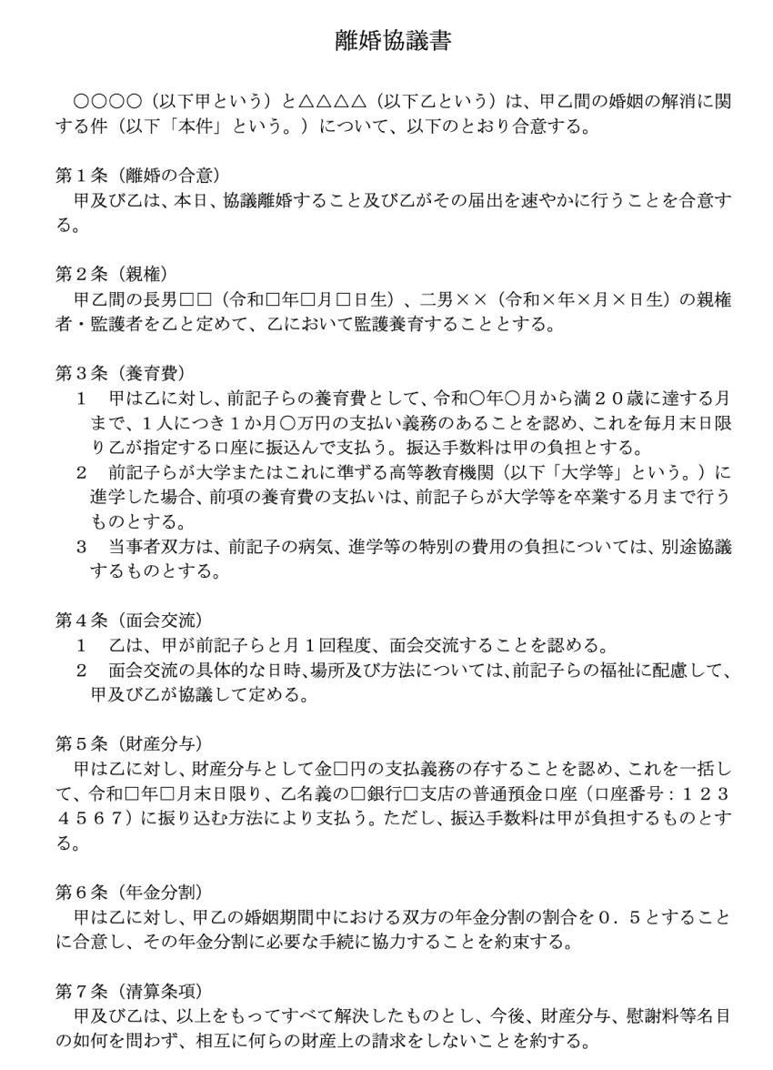 離婚協議書
離婚の合意
親権
養育費
年金分割
清算条項
面会交流
財産分与
