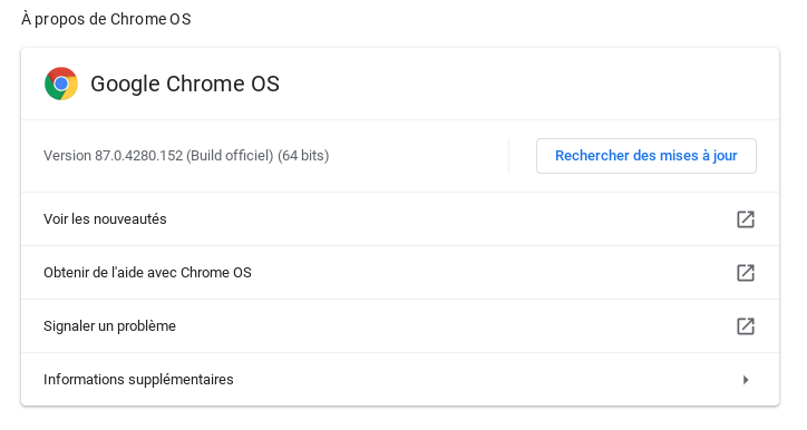 Fenêtre sur la version de Chrome OS