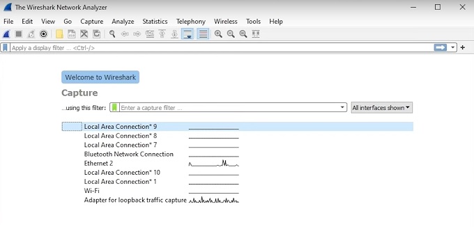 WireShark main screen with network choices