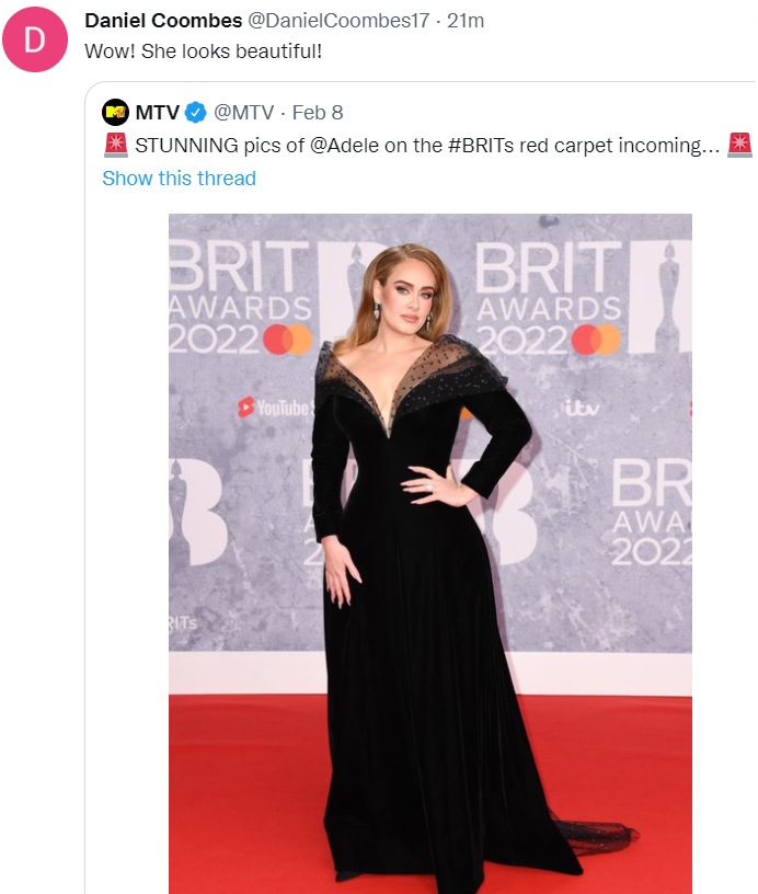 A tweet of musician Adele on the red carpet demonstrating an everyday type of content curation.