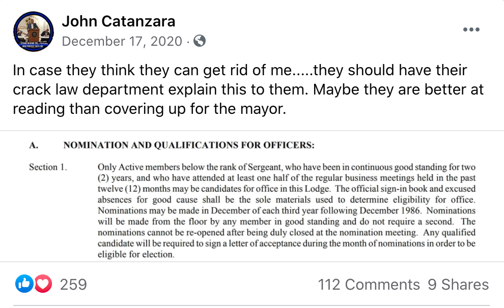 Facebook post by Catanzara 