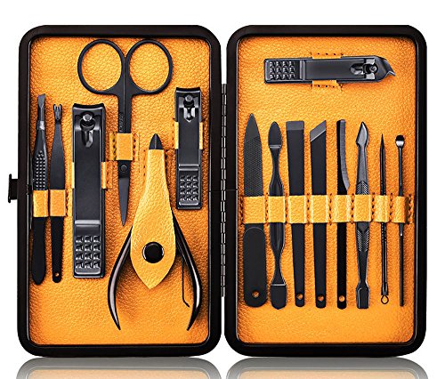 Keiby Citom Professional Stainless Steel Nail Clipper Travel & Grooming Kit Nail Tools Manicure & Pedicure Set of 15pcs with Luxurious Case(Black/Yellow)