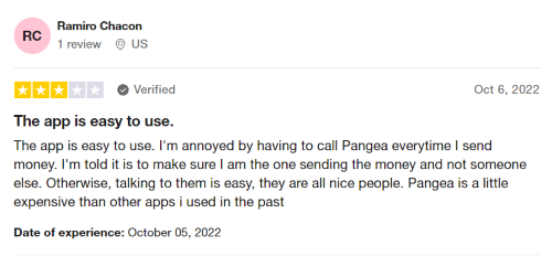 A three-star Pangea Money Transfer review from a user who believes the all is “a little expensive.” 
