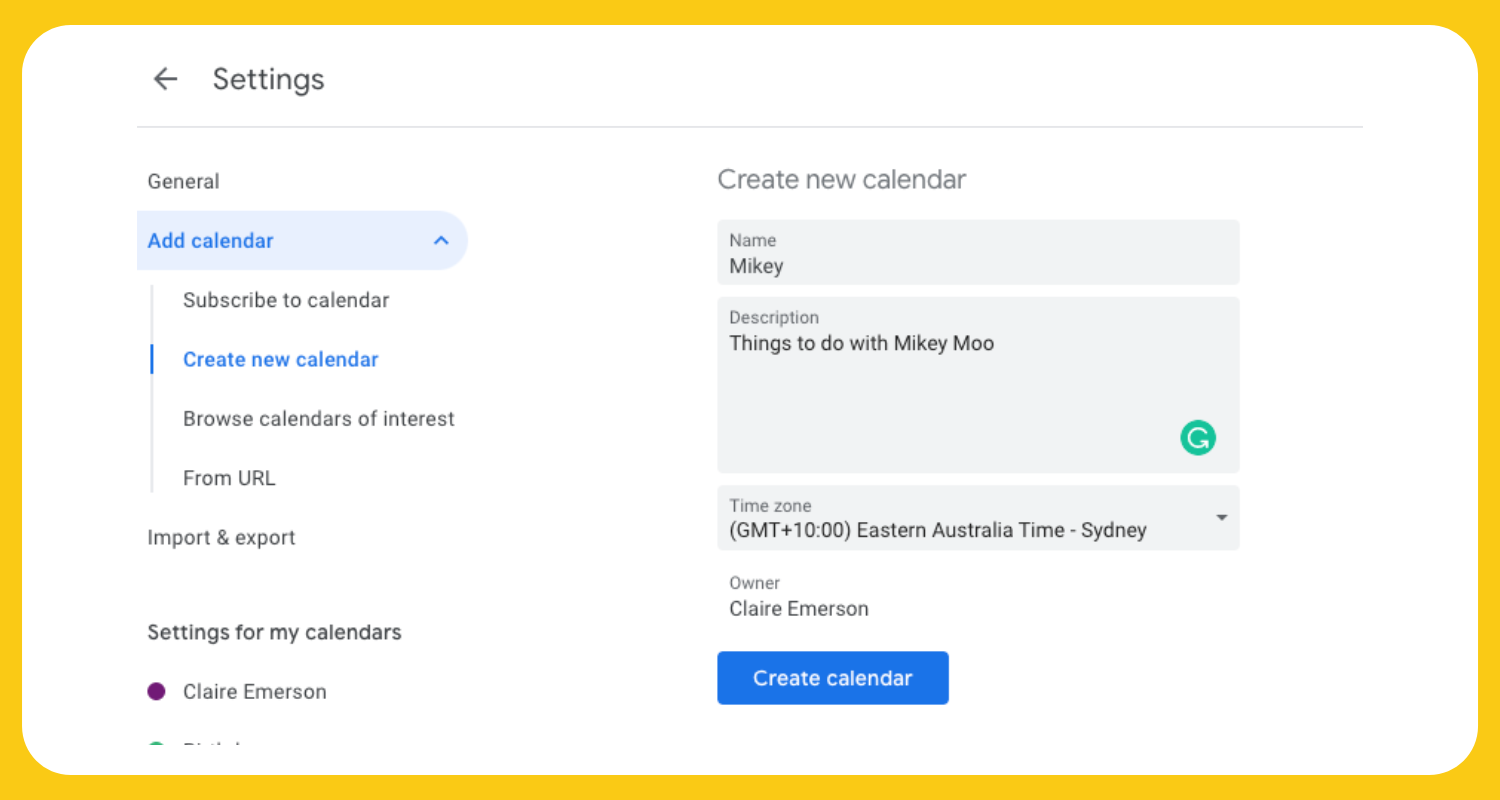 Create new calendar in Google Calendar