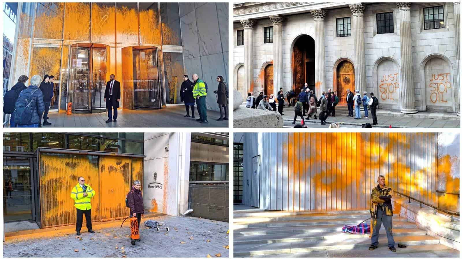 Various official buildings covered in orange paint, the artist stood nearby