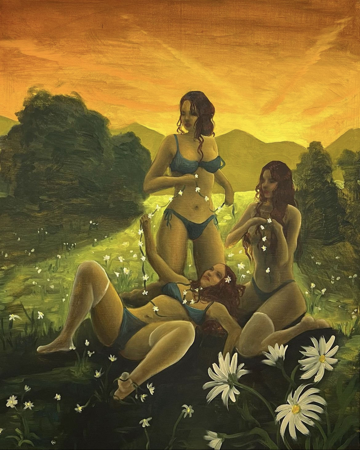 An oil painting of three women making daisy chains in blue bikinis in a big grass field with a glowing orange sky in the horizon.