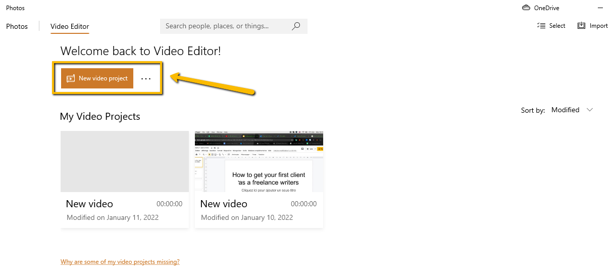 Screenshot for how to create a new video project. 
