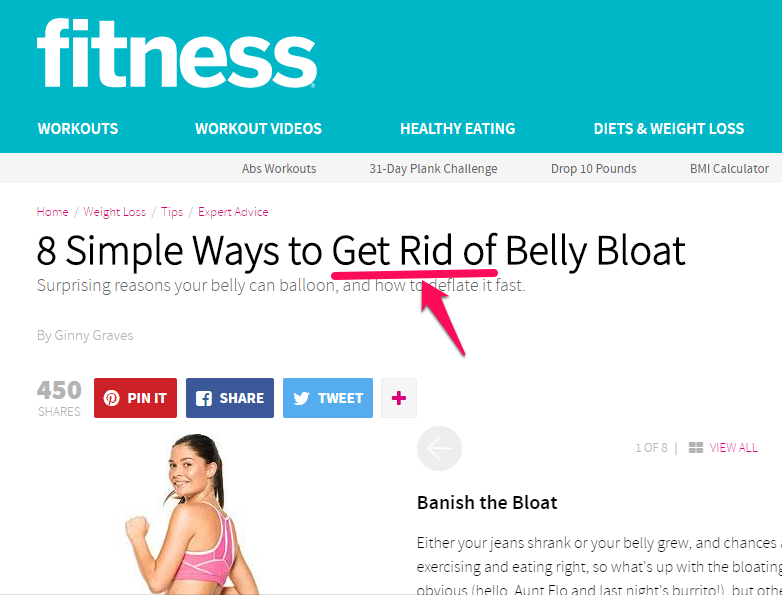 A headline that reads "8 simple ways to get rid of body fat." 