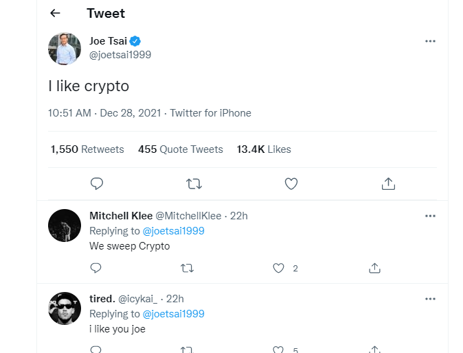 Alibaba Vice-Chairman Joe Accepts He Likes Crypto