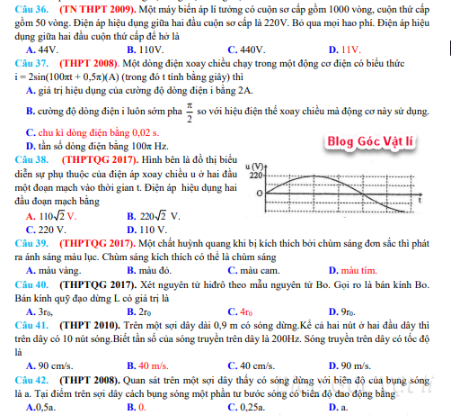 GVL 104 câu trắc nghiệm lý thuyết TỔNG ÔN CẢ NĂM Vật lí 12 - ltđh - Thầy Hoàng Sư Điểu biên soạn - Blog Góc Vật lí