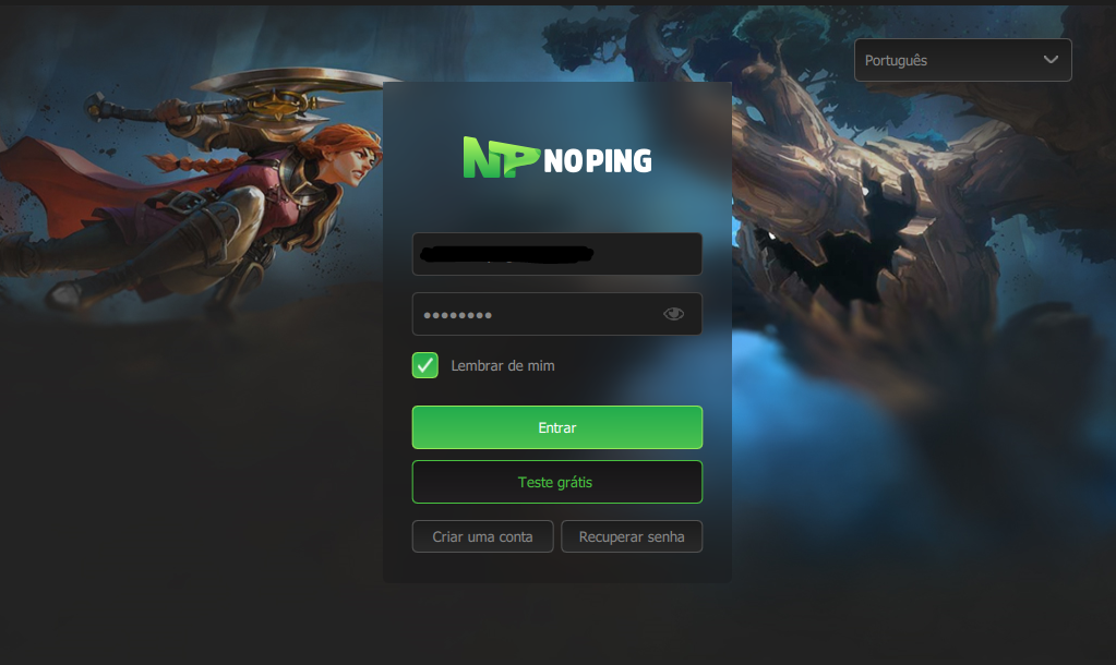 screenshot from noping official website showing the login screen with a video game art on the background