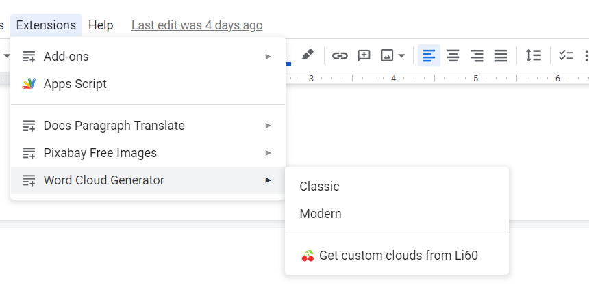 最后使用 Google Docs 小插件（Word Cloud Generator）生产文字云。
