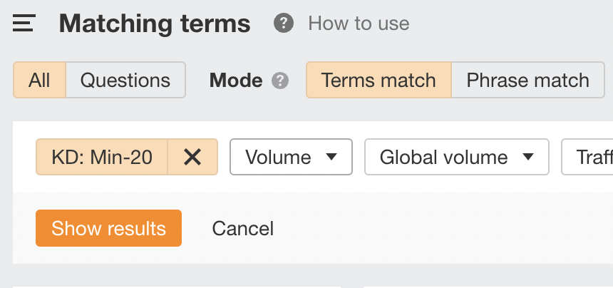 ahrefs matching terms filters