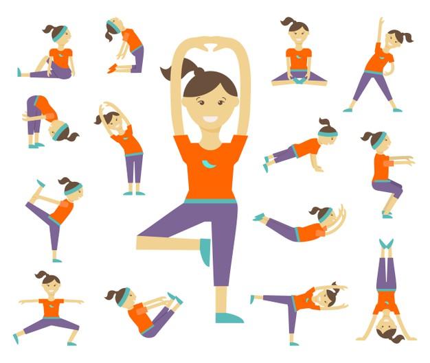A vector image of a girl doing various exercises.