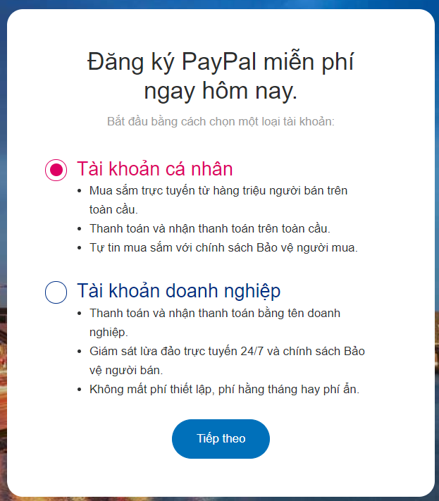 Giao diện đăng ký Paypal