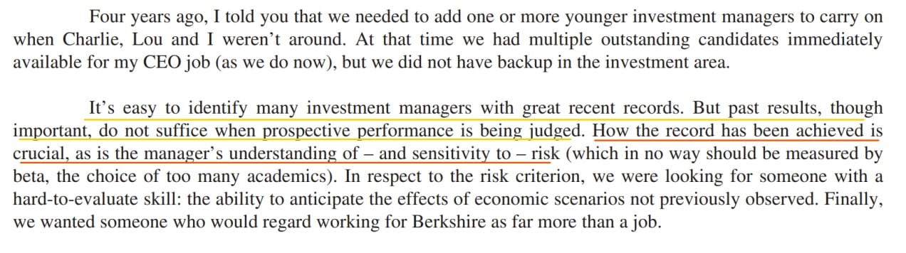 Trecho escrito por Warren Buffett em sua carta anual aos acionistas de 2010. 