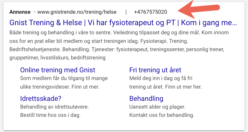 Illustrasjon av innholdselement i Google Ads: Element for å ringe