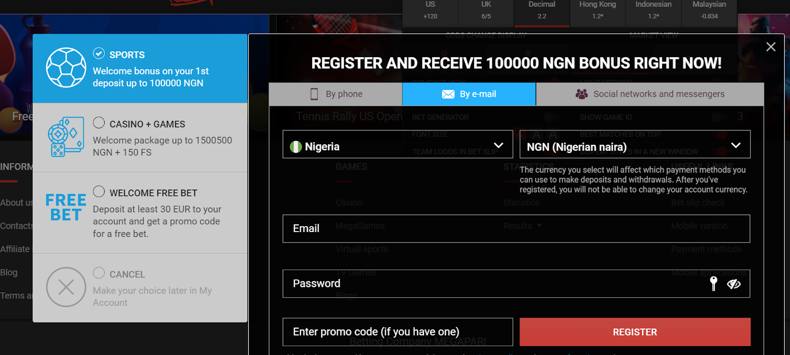 Megapari Nigeria registration by Email
