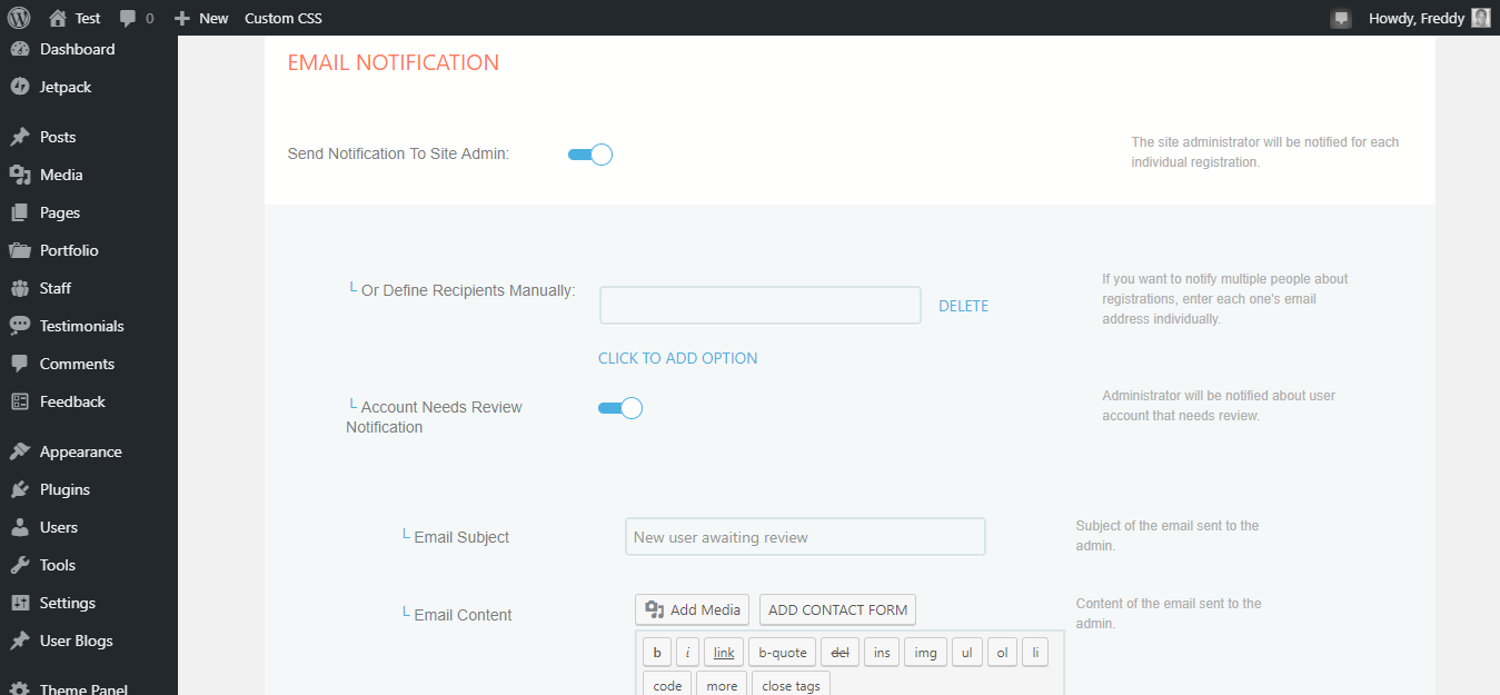 página de notificações de e-mail do profilegrid
