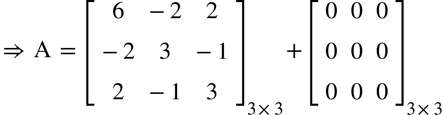 <math xmlns="http://www.w3.org/1998/Math/MathML"><mo>&#x21D2;</mo><mo>&#xA0;</mo><mi mathvariant="normal">A</mi><mo>&#xA0;</mo><mo>=</mo><mo>&#xA0;</mo><msub><mfenced open="[" close="]"><mtable><mtr><mtd><mn>6</mn></mtd><mtd><mo>-</mo><mn>2</mn></mtd><mtd><mn>2</mn></mtd></mtr><mtr><mtd><mo>-</mo><mn>2</mn></mtd><mtd><mn>3</mn></mtd><mtd><mo>-</mo><mn>1</mn></mtd></mtr><mtr><mtd><mn>2</mn></mtd><mtd><mo>-</mo><mn>1</mn></mtd><mtd><mn>3</mn></mtd></mtr></mtable></mfenced><mrow><mn>3</mn><mo>&#xD7;</mo><mn>3</mn></mrow></msub><mo>+</mo><msub><mfenced open="[" close="]"><mtable><mtr><mtd><mn>0</mn></mtd><mtd><mn>0</mn></mtd><mtd><mn>0</mn></mtd></mtr><mtr><mtd><mn>0</mn></mtd><mtd><mn>0</mn></mtd><mtd><mn>0</mn></mtd></mtr><mtr><mtd><mn>0</mn></mtd><mtd><mn>0</mn></mtd><mtd><mn>0</mn></mtd></mtr></mtable></mfenced><mrow><mn>3</mn><mo>&#xD7;</mo><mn>3</mn></mrow></msub></math>