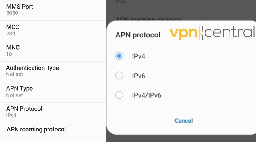 android apn protocol selected ipv4