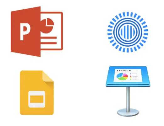 Logo of 4 presentation software: PowerPoint; Google slides; Prezi and Keynote