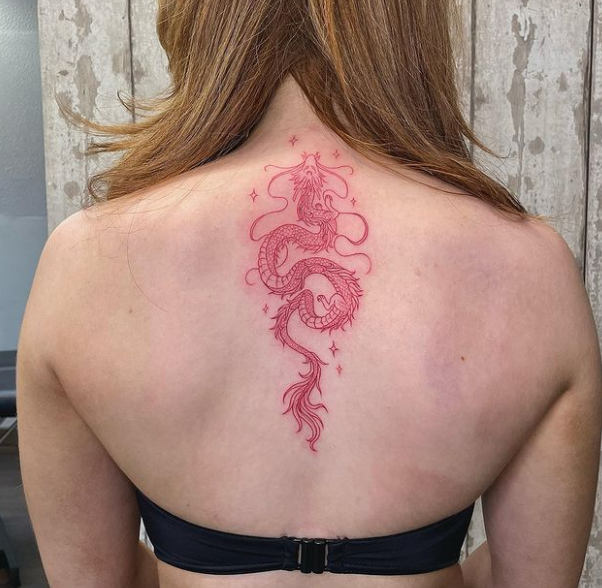 Red Color Dragon Spine Tattoos For Women