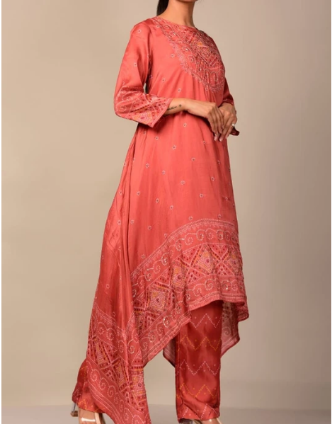 Light Coral Hand Embroidery Bandhani Kurti Suit Light Coral Hand Embroidery Bandhani Kurti Suit