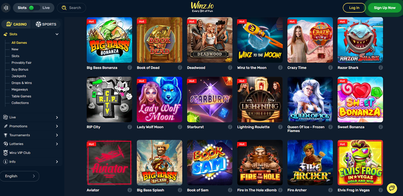 Winz.io Casino Games Lobby