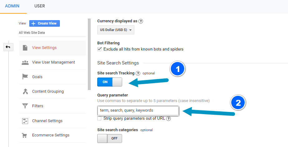 2nd step to enable site search to avoid a google analytics tracking mistake