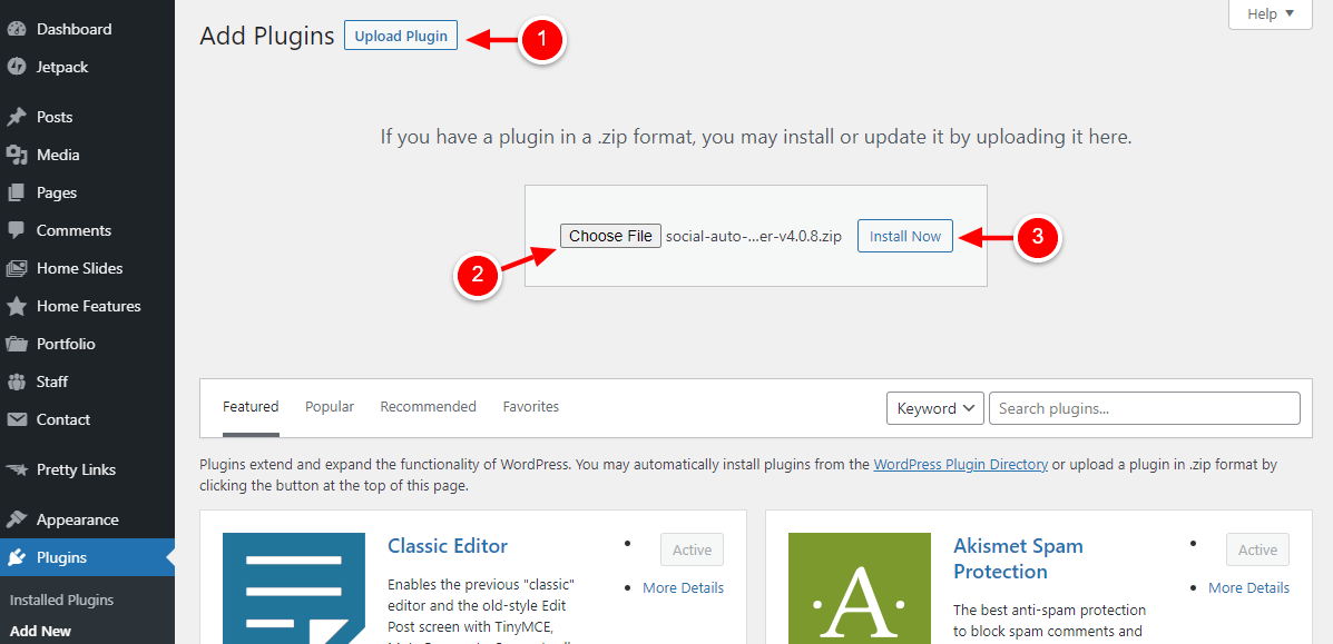 fazer upload do plug-in de pôster automático social