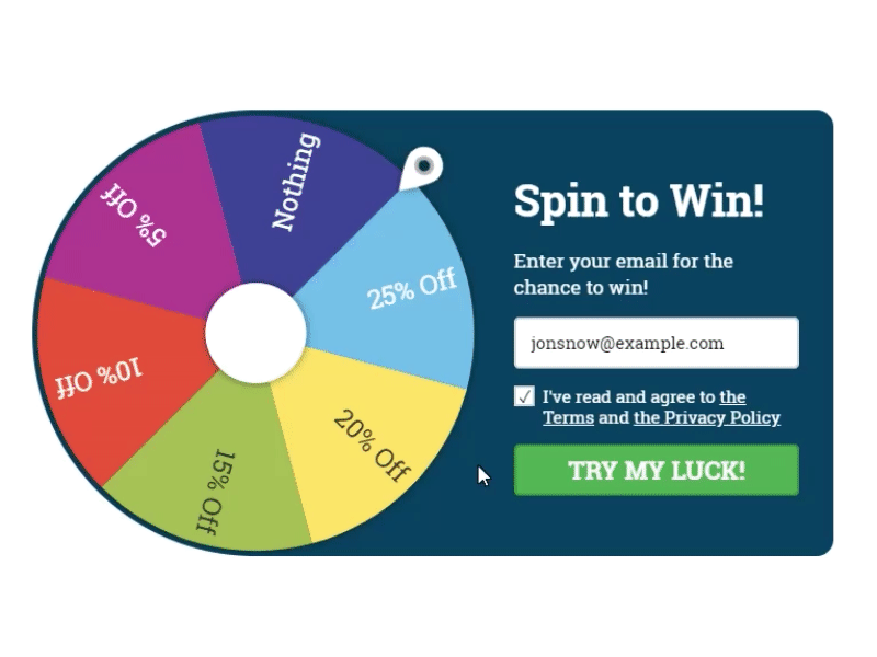 animated spin to win discount wheel. enter email address and receive code