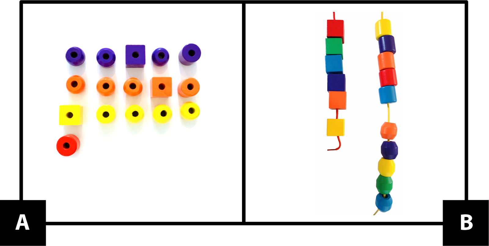 A: Cuatro filas de cuentas de madera. Primero, 5 cuentas moradas. 1 es un cubo, el resto de las cuentas son cilindros o son redondas. Después, 5 cuentas anaranjadas. 1 es un cubo, el resto de las cuentas son cilindros o son redondas. Luego, 5 cuentas amarillas. 1 es un cubo, el resto de las cuentas son cilindros o son redondas. Por último, 1 cuenta roja en forma de cilindro. B: Dos hilos con cuentas de madera. Un hilo tiene 5 cubos más 1 más. Cada uno es de un color diferente. El segundo hilo tiene 5 cilindros en colores diferentes, luego, 5 cuentas redondas en colores diferentes.