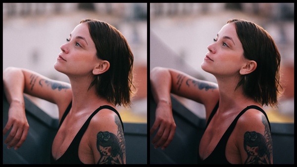 antes e depois da foto de uma mulher morena sendo que uma das fotos está com mais sombra