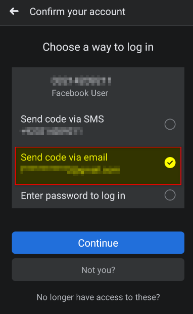 Send code via email reset code fb