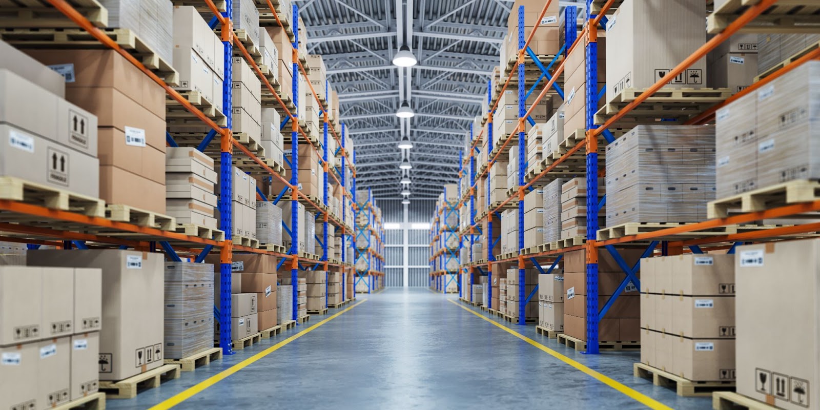 Warehouse or storage and shelves with cardboard boxes