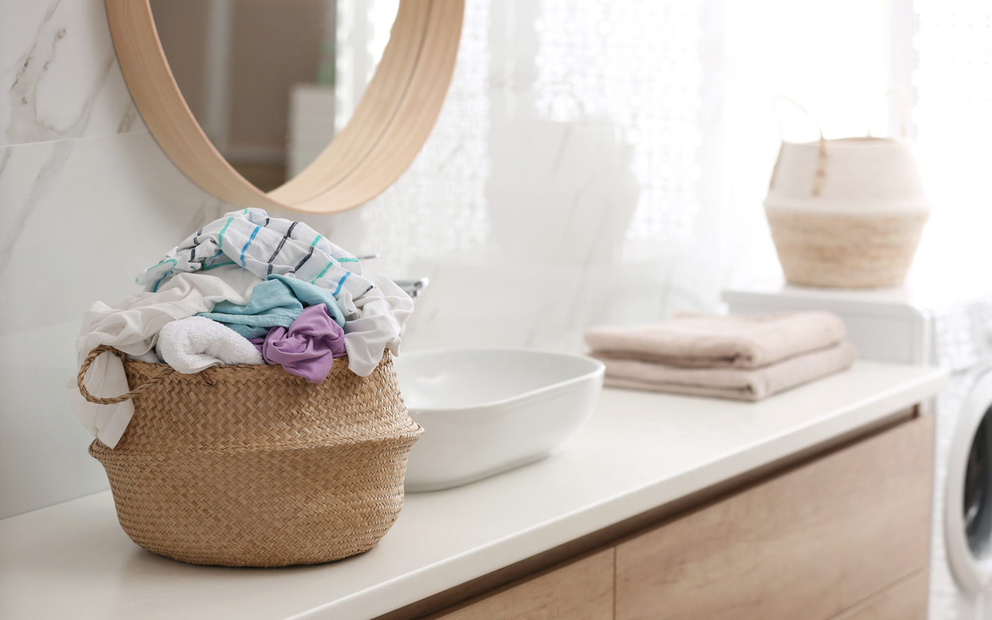 wicker basket over the sink to increase bathroom storage space