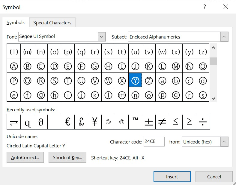 searching for Uppercased Circled Y symbols text using the character code