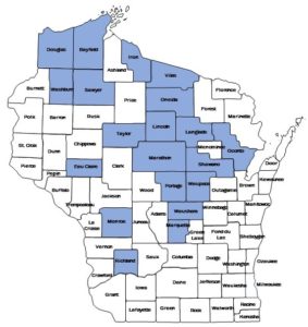 A distribution map of counties in Wisconsin where counties in blue have reports of rapid balsam fire mortality.