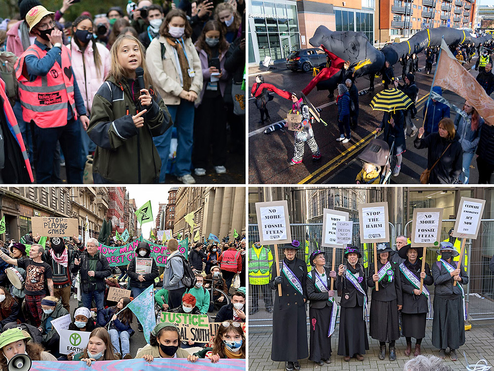 Greta is circled by protestors as she talks, the serpent is a huge black inflatable construction held aloft by rebels, suffragettes are styled in victorian dress but hold XR banners.