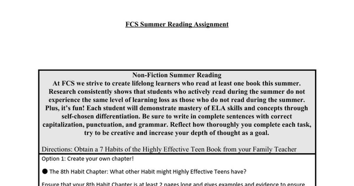 FCS Summer Reading Assignment
