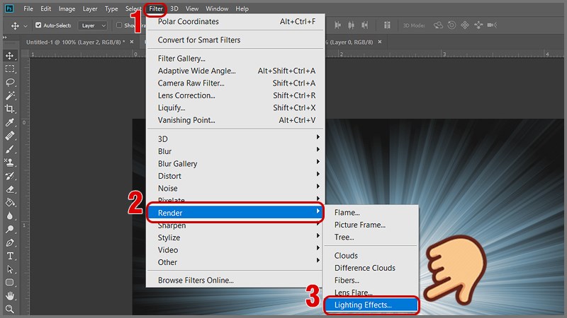 Nhấn chọn Filter > Render > Lighting Effects